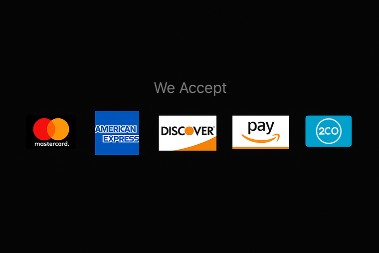 Set of payment logos including Mastercard, American Express, Discover, Amazon Pay, and 2Co on a black background.